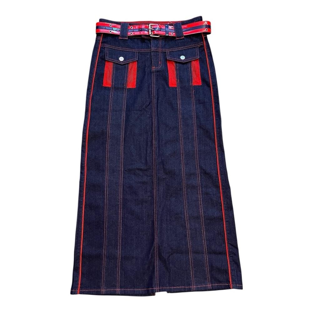 Vintage Y2K M Crest Jeans Denim Skirt with Red Accents